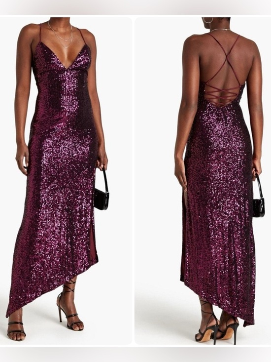 Retrofete Dresses & Skirts - RETROFETE Currant-Violet Sequin Asymmetrical Tie-Back Gown Maxi Dress NWT $960